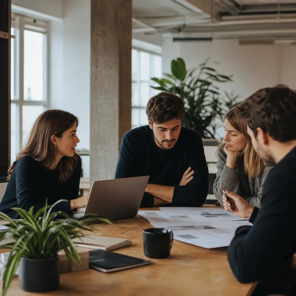 Marketing strategists mapping a campaign plan on a wall